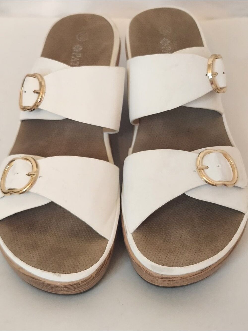 PATRIZIA by Spring Step White Wedge Sandals Double Strap Gold Buckle Slide 8.5